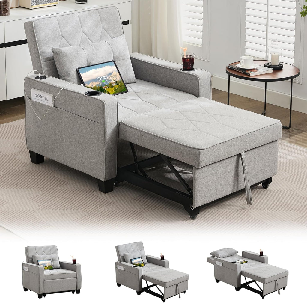 Adult Convertible Sleeper Chair Bed 3-in-1 Pull-Out Sofa Bed with USB/Type-C Ports Cup Holders