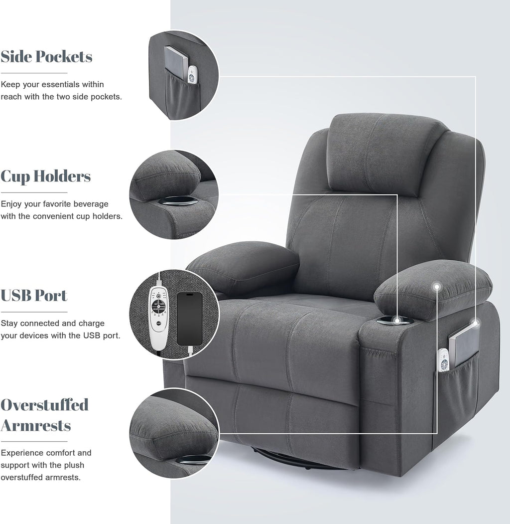 Large Swivel Rocking Recliner with Heating and Massage Function, 360 Degree Swivel Rocking Single Sofa