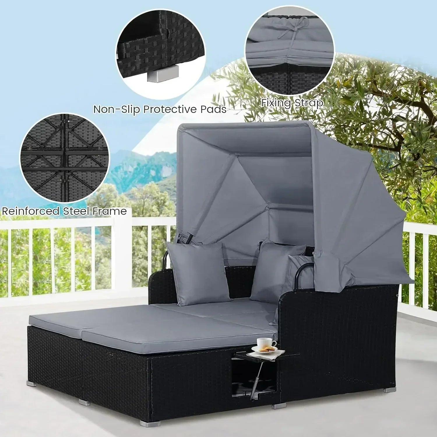RELAX4LIFE Patio Outdoor Daybed with Canopy Wicker Sunbed Cushions 4 Pillows
