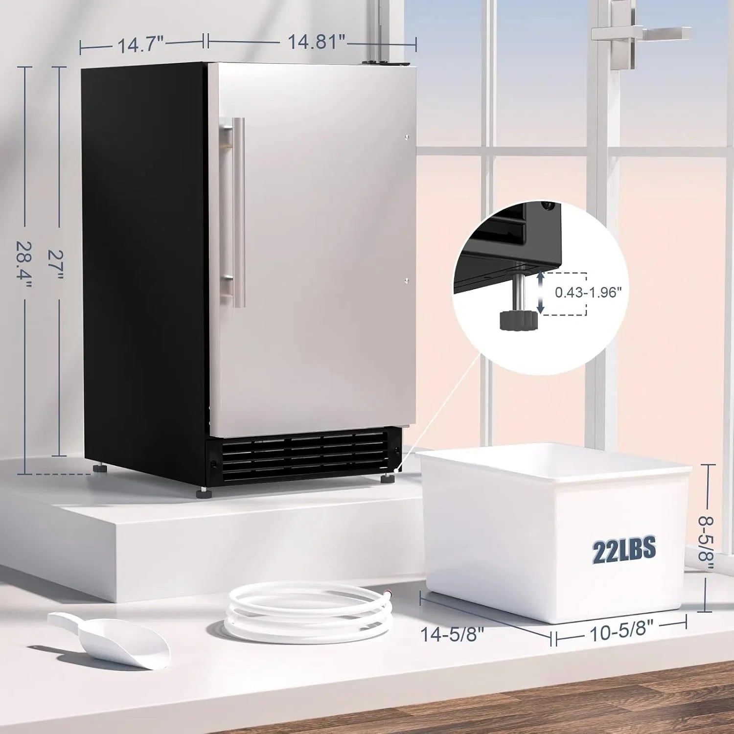 COTLIN 15 W Drainless Under Counter Ice Maker with 22LBS Storage Bin, Crescent Ice, Free Standing Built-in Ice Maker for Residential Commercial Use, No Drain Required, ETL Approved, 2025 Upgraded