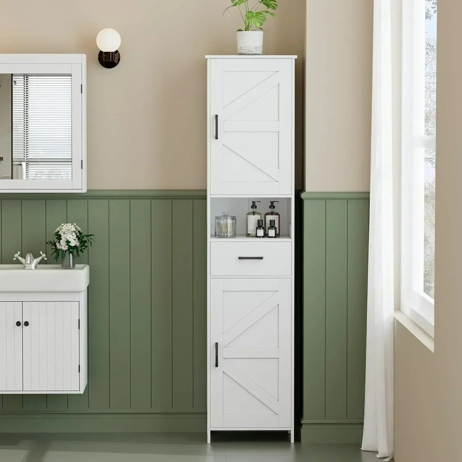 Homhedy 67 H Tall Bathroom Storage Cabinet with 2 Barn Doors and 1 Drawer Narrow Storage Unit