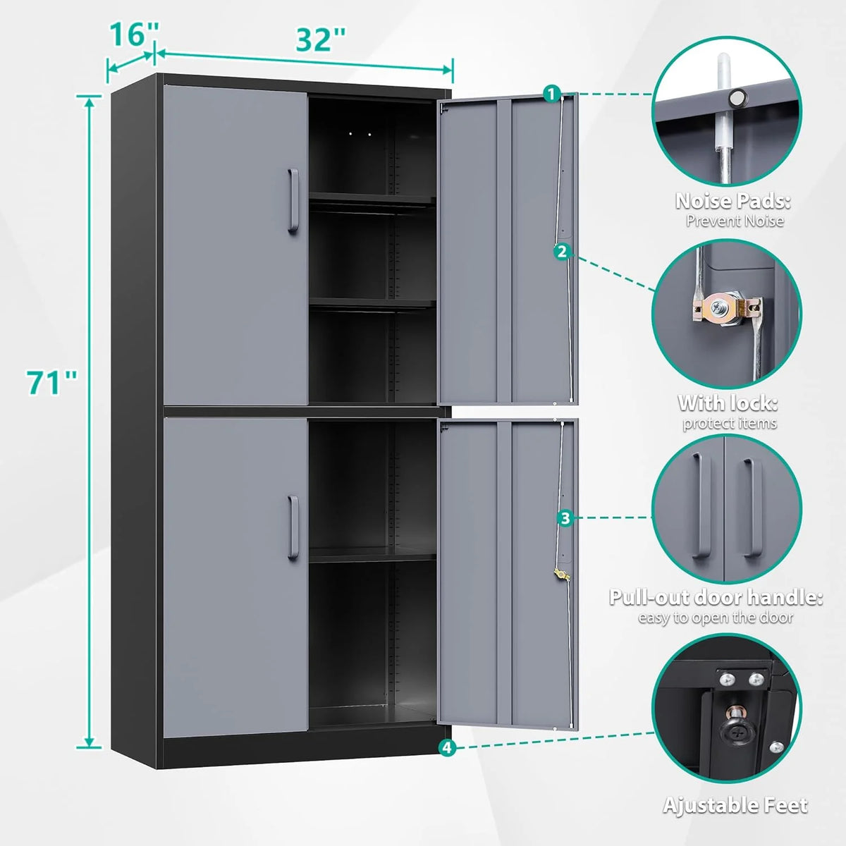 Metal Storage Cabinet with 2 Doors and 6 Shelves, Black Metal Cabinet with Lock, 71 Inch Lockable Garage Storage Cabinet