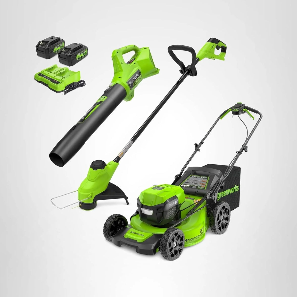 Greenworks 48V (24V x 2) 21 Brushless Self-Propelled Mower+12 String Trimmer+320CFM Blower