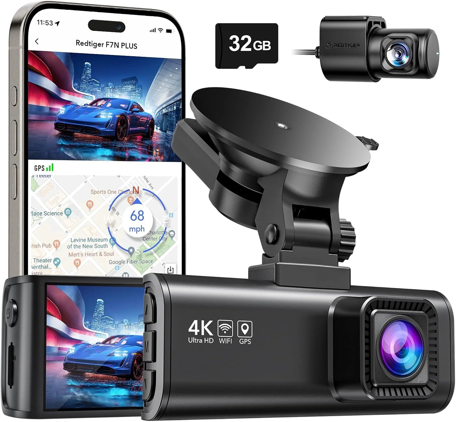 Dash Cam Front Rear 4K/2.5K Full HD Dash Camera Included 32GB Card Built-in Wi-Fi GPS