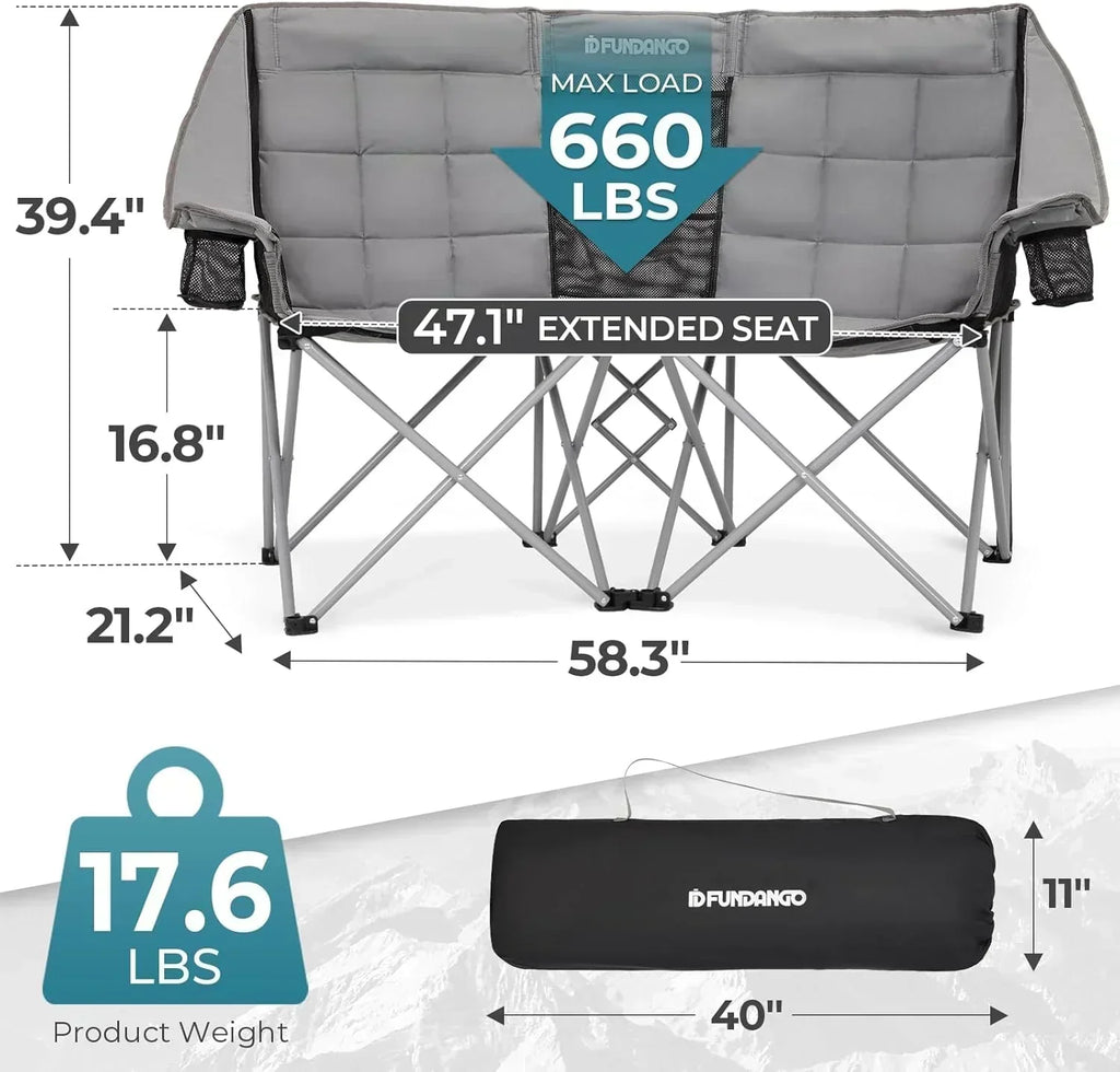 Double Camping Chair Cooler 3-Person Folding Extra Large Camping Chair 1000-Pound Capacity