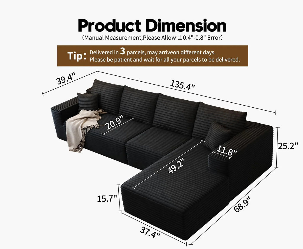 107.5 inch Cloud Modular Sectional Sofa with L-Shaped Chaise Lounge, Modern Minimalist Upholstered Sofa Deep Seating Corner Sofa