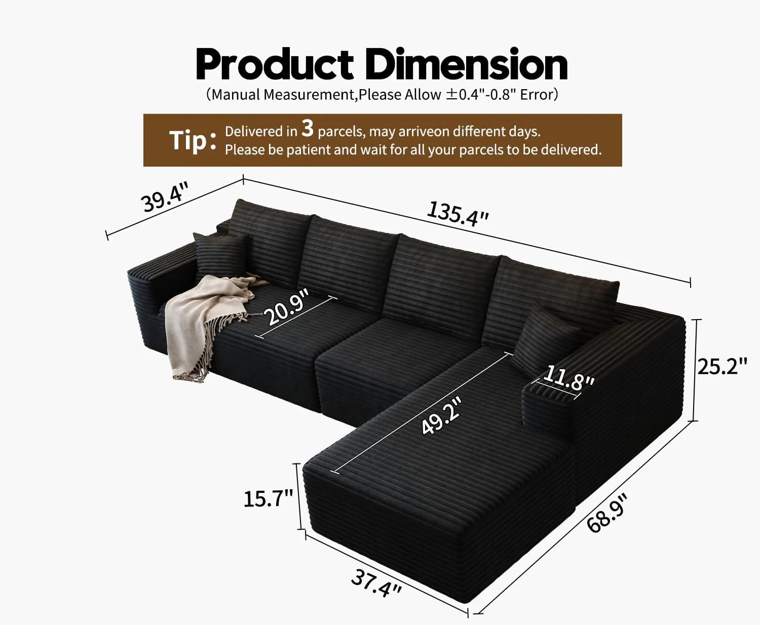 107.5 inch Cloud Modular Sectional Sofa with L-Shaped Chaise Lounge, Modern Minimalist Upholstered Sofa Deep Seating Corner Sofa
