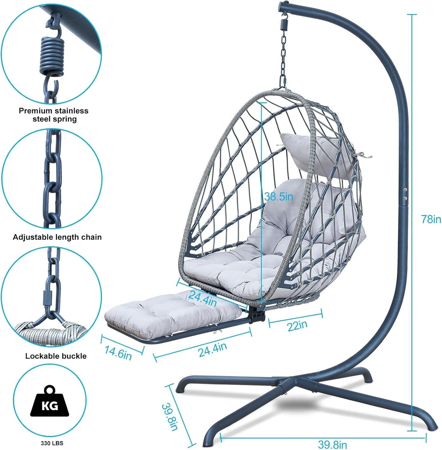 Hanging Egg Chair Stand Leg Rest Rattan Wicker Swing Hammock Chair UV-Resistant Cushion