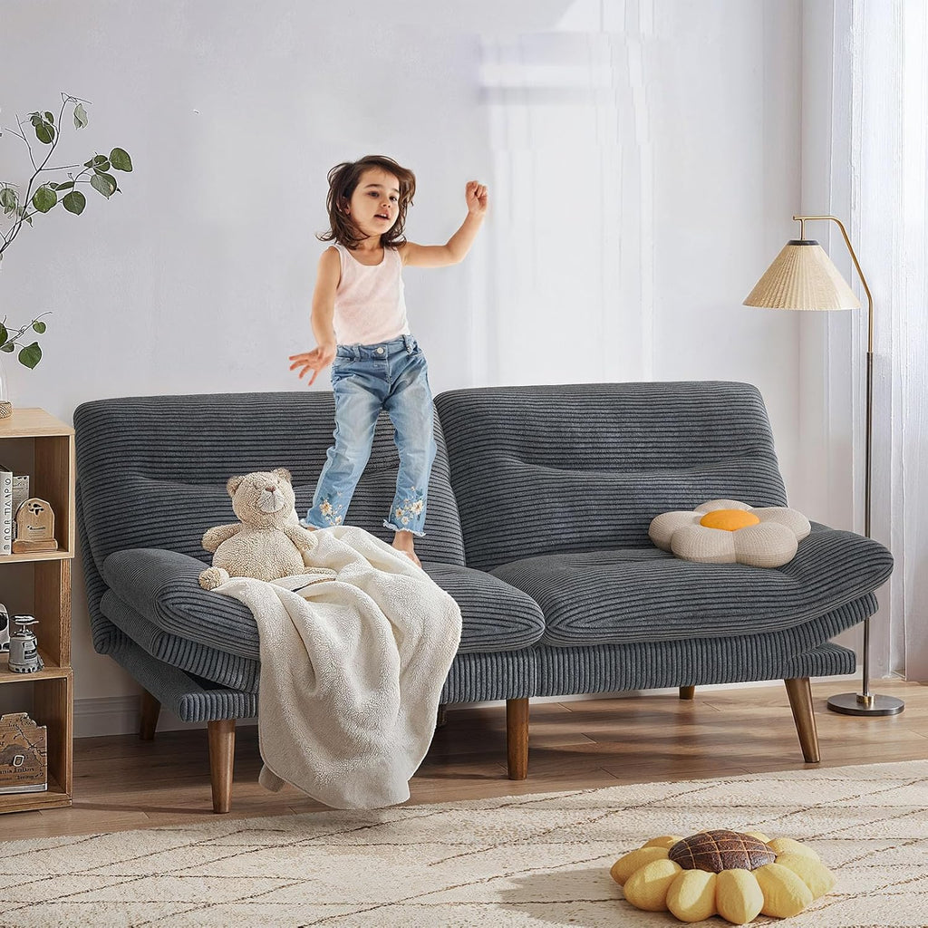 Pipishell Convertible Futon Sofa Bed,66 Corduroy Futon Couch with Adjustable Backrest and Armrests, Recliner Sleeper Sofa for Small Spaces, Play Room or Office, Grey