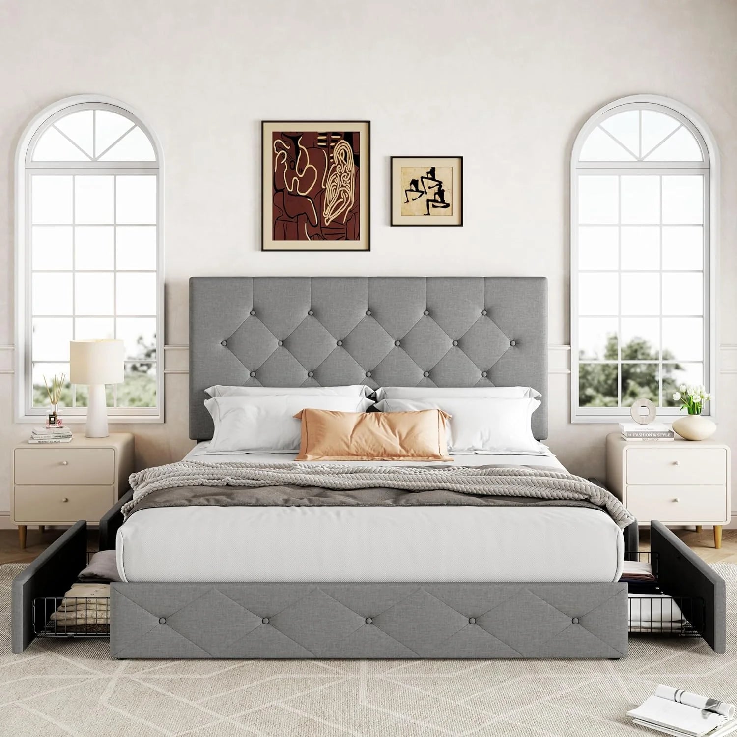 Allewie Upholstered Queen Size Platform Bed Frame with 4 Storage Drawers and Headboard