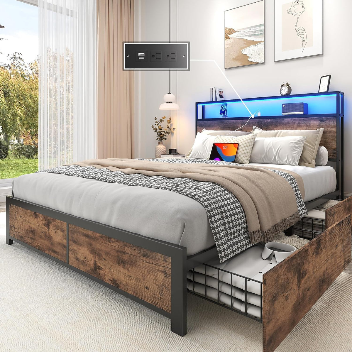 Lifezone Queen Bed Frame with 2-Tier Storage Headboard, Metal Platform Bed Frame with 4 Storage Drawers, Built in Charging Station & LED, Noise-Free/Metal Support/No Box Spring Needed