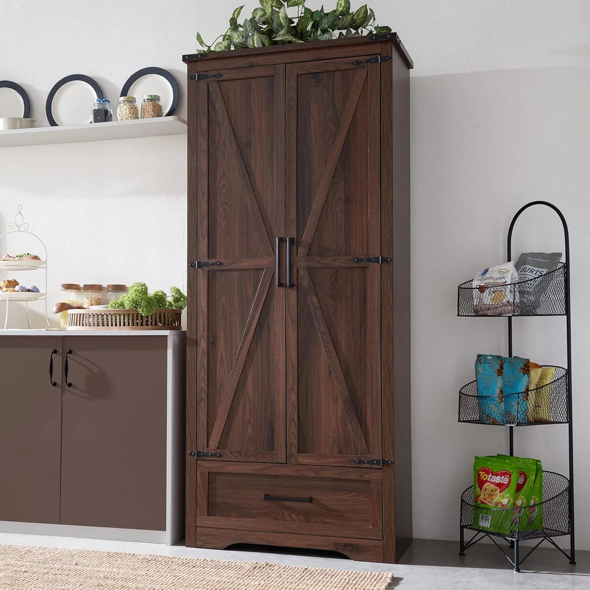 JXQTLINGMU Farmhouse Kitchen Pantry Cabinet - 72 Tall Wood Kitchen Storage Cabinets with Adjustable Shelves & 2 Barn Style Doors & Drawer, Versatile Storage for Dining Room, Bathroom, Antique White