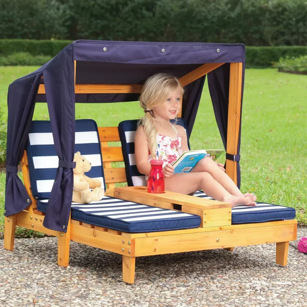 KidKraft Wooden Outdoor Double Chaise Lounge with Cup Holders Kids Patio Furniture Honey