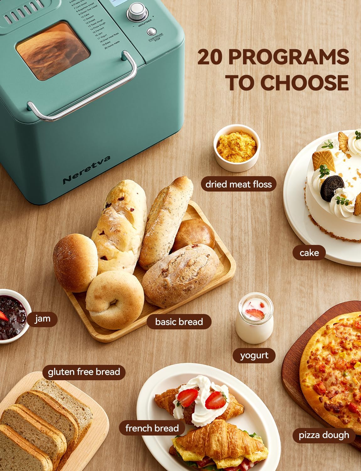 Neretva Bread Maker 20-in-1 2LB Bread Maker Dual Heater Bread Maker Automatic