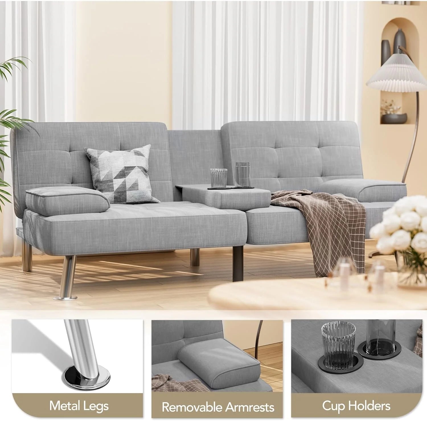 Shahoo Modern Linen Upholstered Convertible Folding Futon Sofa Bed with Removable Armrests