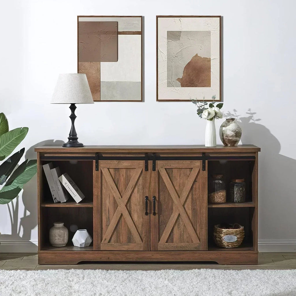 AMERLIFE Fireplace TV Stand with Sliding Barn Door  Farmhouse 63 Fireplace Entertainment Center