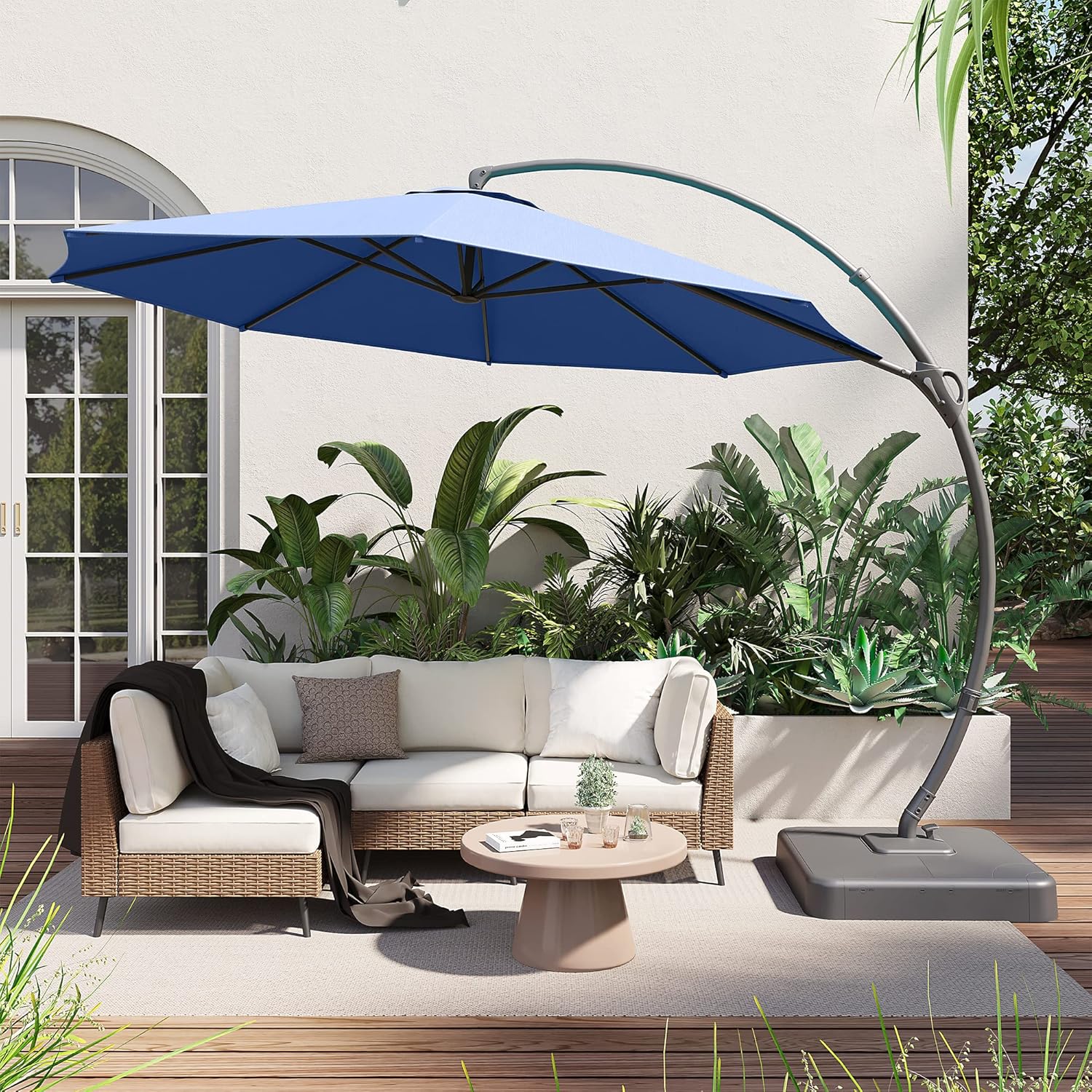 LAUSAINT HOME Outdoor Patio Umbrella with Base included, 11 FT Deluxe Curvy Cantilever Umbrella Heavy Duty Offset Hanging Umbrella with 360° Rotation for Market, Pool, Garden, Backyard, Deck (Beige)