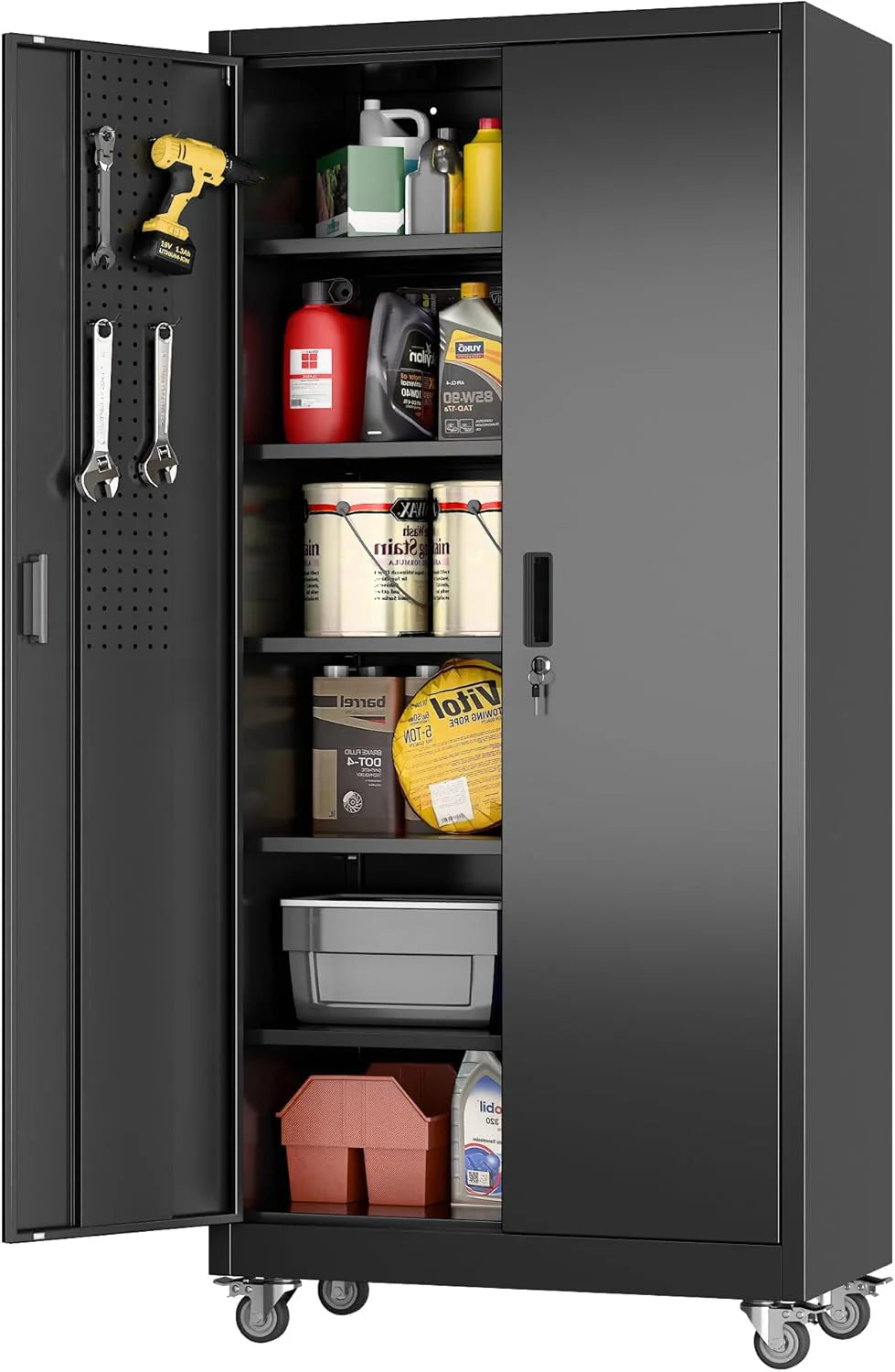 Metal Storage Cabinet with Pegboard 71'' x 34'' x 18'',Lockable Steel Storage Cabinet with 5 Adjustable Shelves and Door for Garage, Office, Kitchen, Assembly Required(Black)