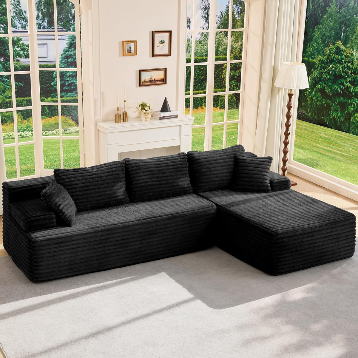 Modular Sectional Sofa Couches L-Shape Couch 3 Seat Modular Sofa Memory Foam Sectional Couches for Living Room, Cloud Couch with Oversized Chaise (Grey Stripe, 96 Left Facing Chaise)