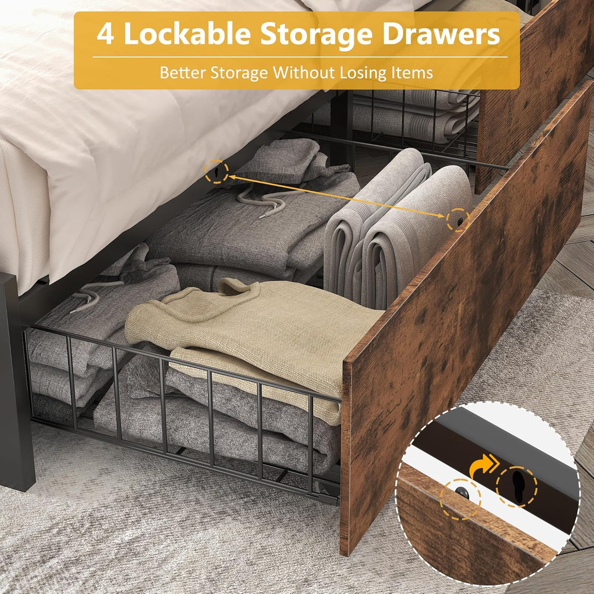 Lifezone Queen Bed Frame 2-Tier Storage Headboard Metal Platform Bed Frame 4 Storage Drawers