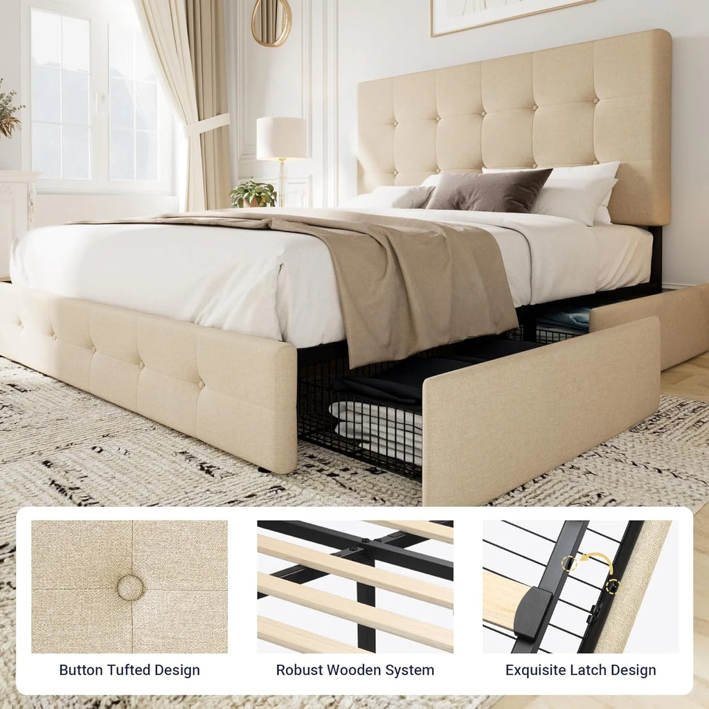 Allewie Upholstered Queen Size Platform Bed Frame with 4 Storage Drawers and Headboard