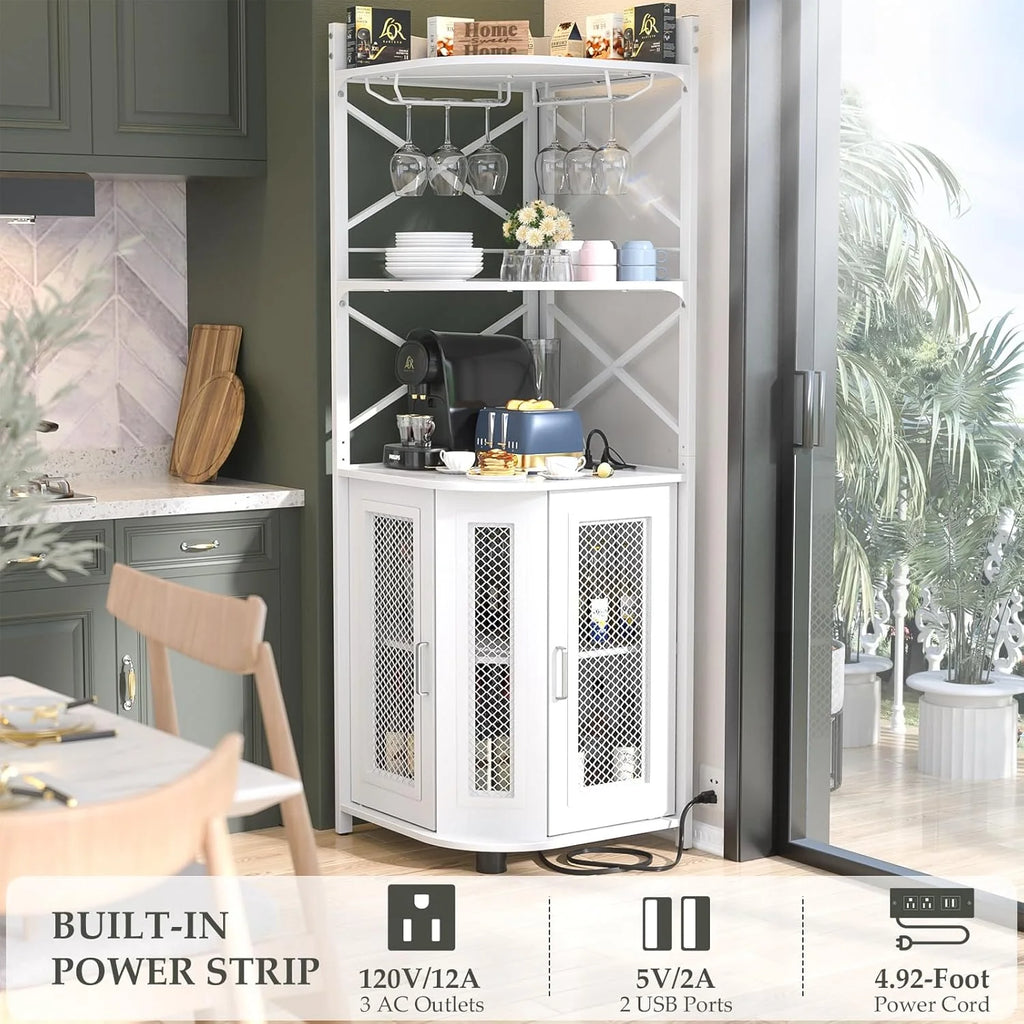 Aheaplus Corner Bar Cabinet with Power Outlet, Industrial Wine Cabinet with LED Strip and Glass Holder, 5-Tiers Liquor Cabinet Bar Unit for Home, Corner Display Cabinet for Small Space, White Oak