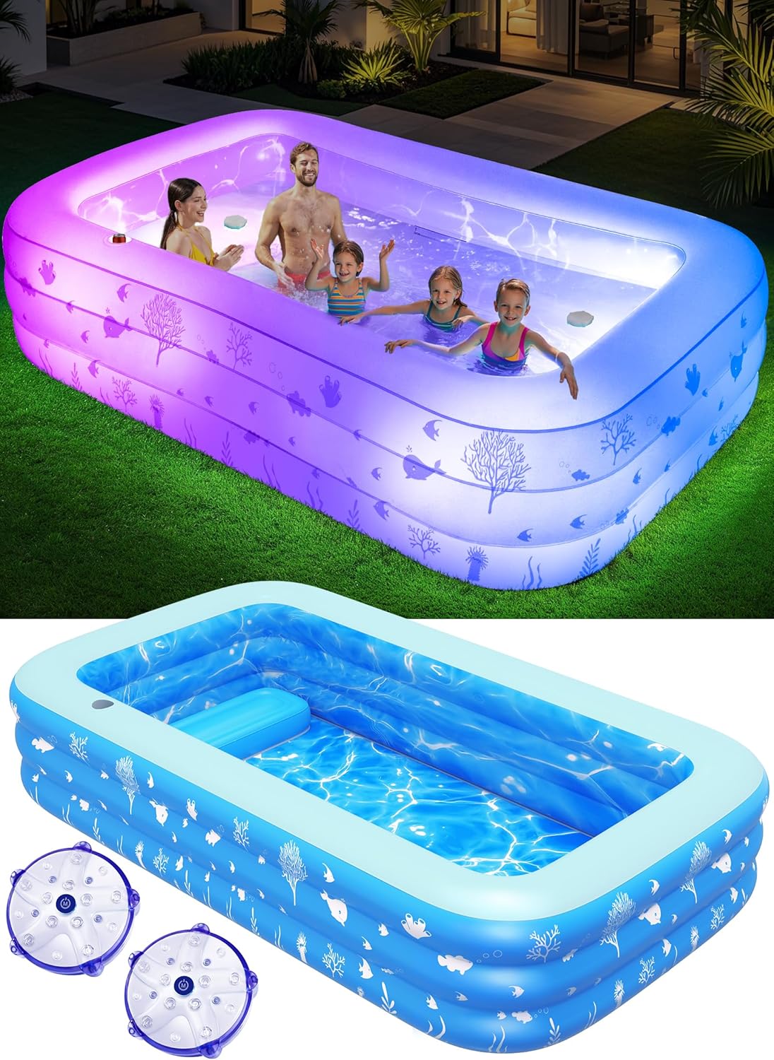Inflatable Pool with Seat and Pool Lights, Durable Thickened Large Size Family Inflatable Pools for Adults Blow Up Pools,105 x 65 x 25Swimming Inflatable Kids PooI for Backyard,Outdoor (White)