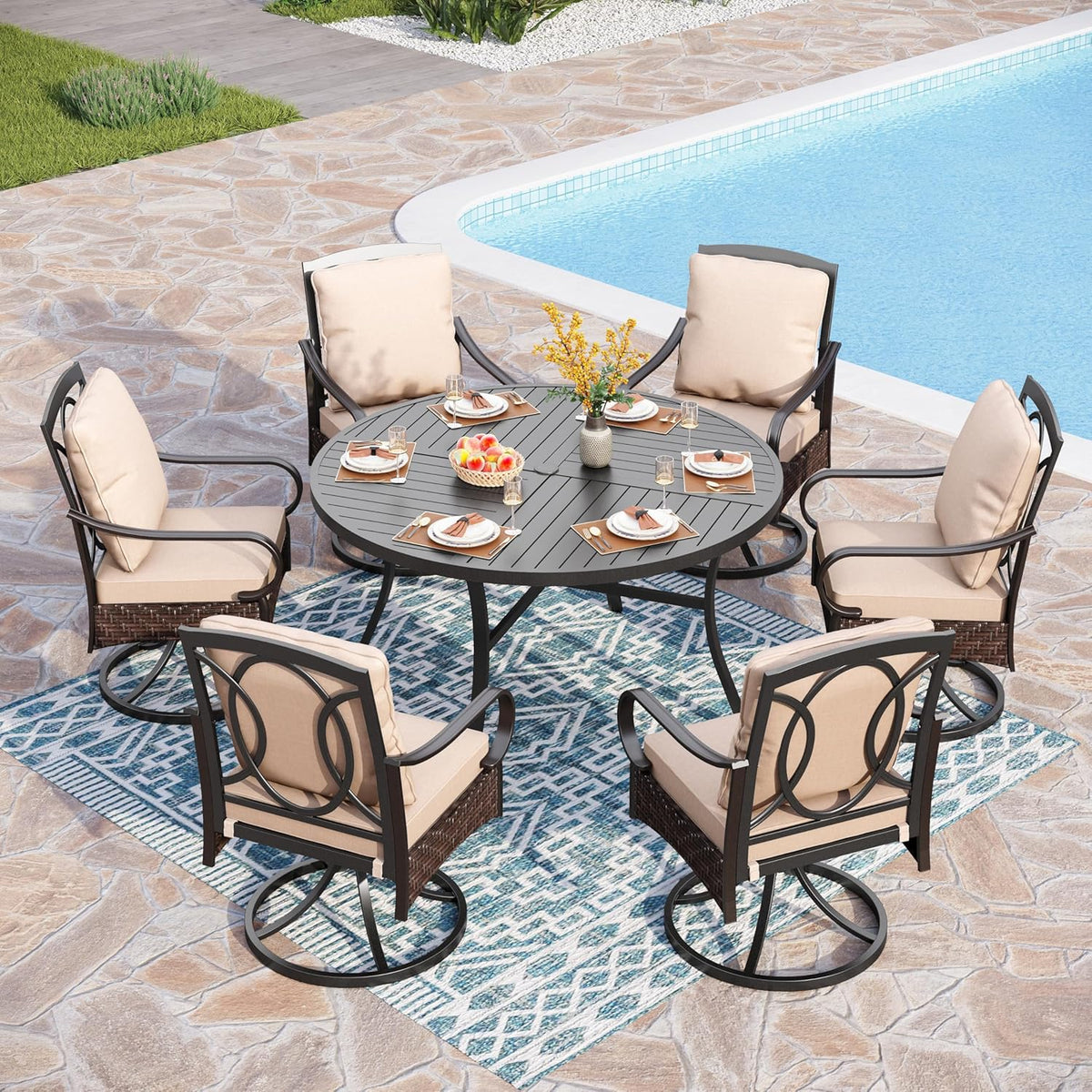 PHI VILLA 6-Piece Outdoor Dining Sets, All-Weather Patio Table and Chairs Set with Umbrella for 4, Heavy Duty Patio Round Table Set for Deck, 4 Extra Large Outdoor Swivel Chairs with Thick Cushions