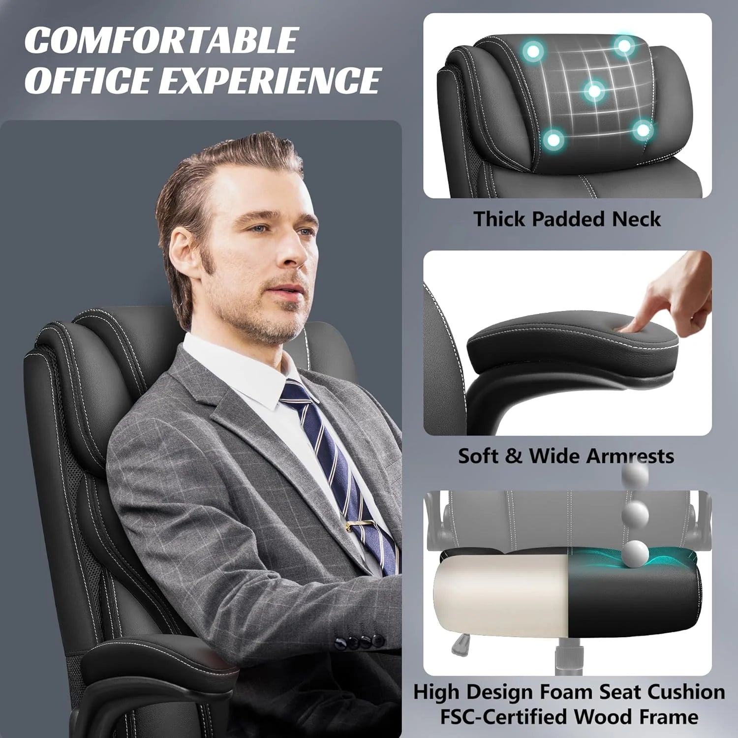 Office Chair Large High-Foot Computer Desk Chair, Breathable Leather Chair Lumbar Support Rotating Computer Chair