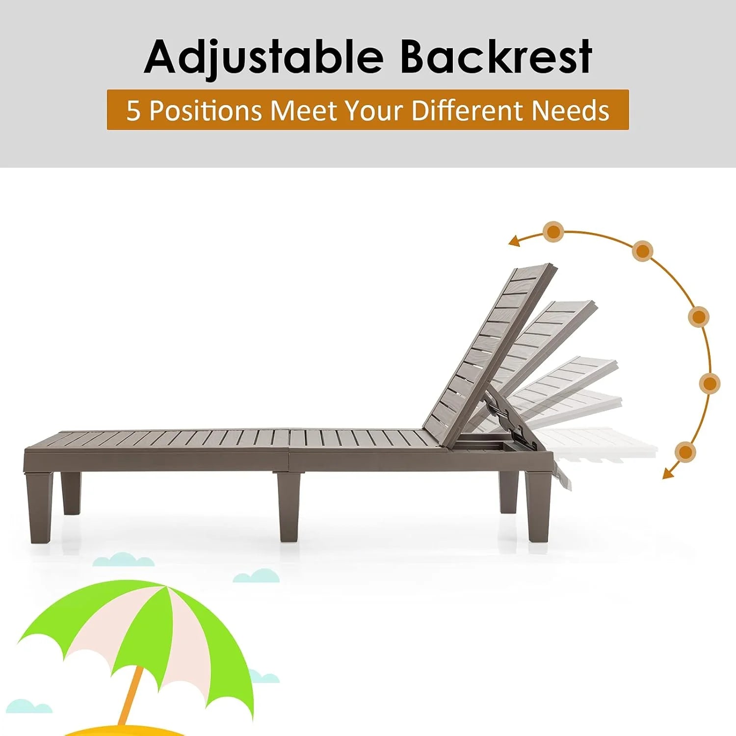 Outdoor Chaise Lounge Chair, Lightweight Patio Lounge Recliner Chair with Adjustable Backrest, 5 Reclining Positions Chaise Lounger for Patio, Beach, Balcony, Poolside, Backyard (1, Black)