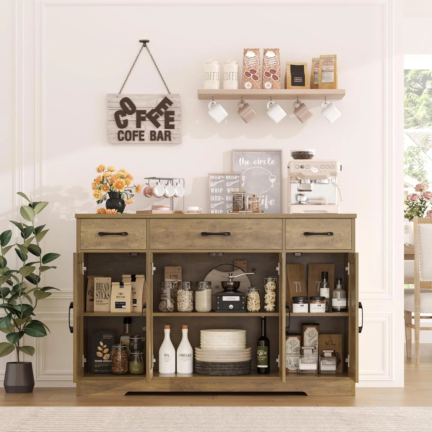 HOSTACK Buffet Cabinet with Drawers, 55 Large Sideboard Buffet Storage Cabinet with Shelves and Doors, Modern Farmhouse Coffee Bar Station Wood Kitchen Table for Kitchen, Dining Room, White/Rustic
