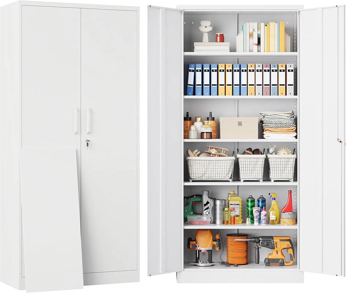 Metal Storage Cabinet with 2 Doors and 6 Shelves,Black Metal Cabinet with Lock,71 Lockable Garage Storage Cabinets,Locking File Cabinet,Steel Tool Cabinets for Home,Office,Garage,Shop,School