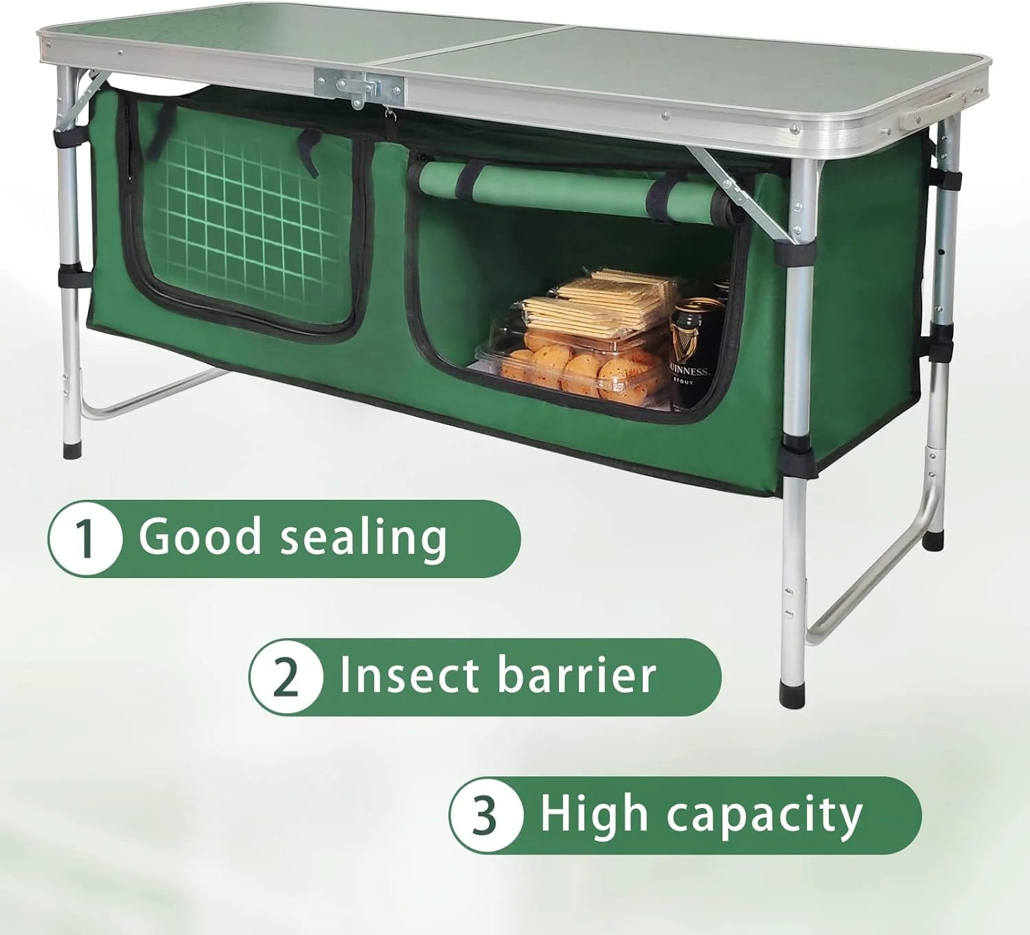 Outdoor Folding Table Aluminum Lightweight Height Adjustable with Storage Organizer for BBQ, Party, Camping