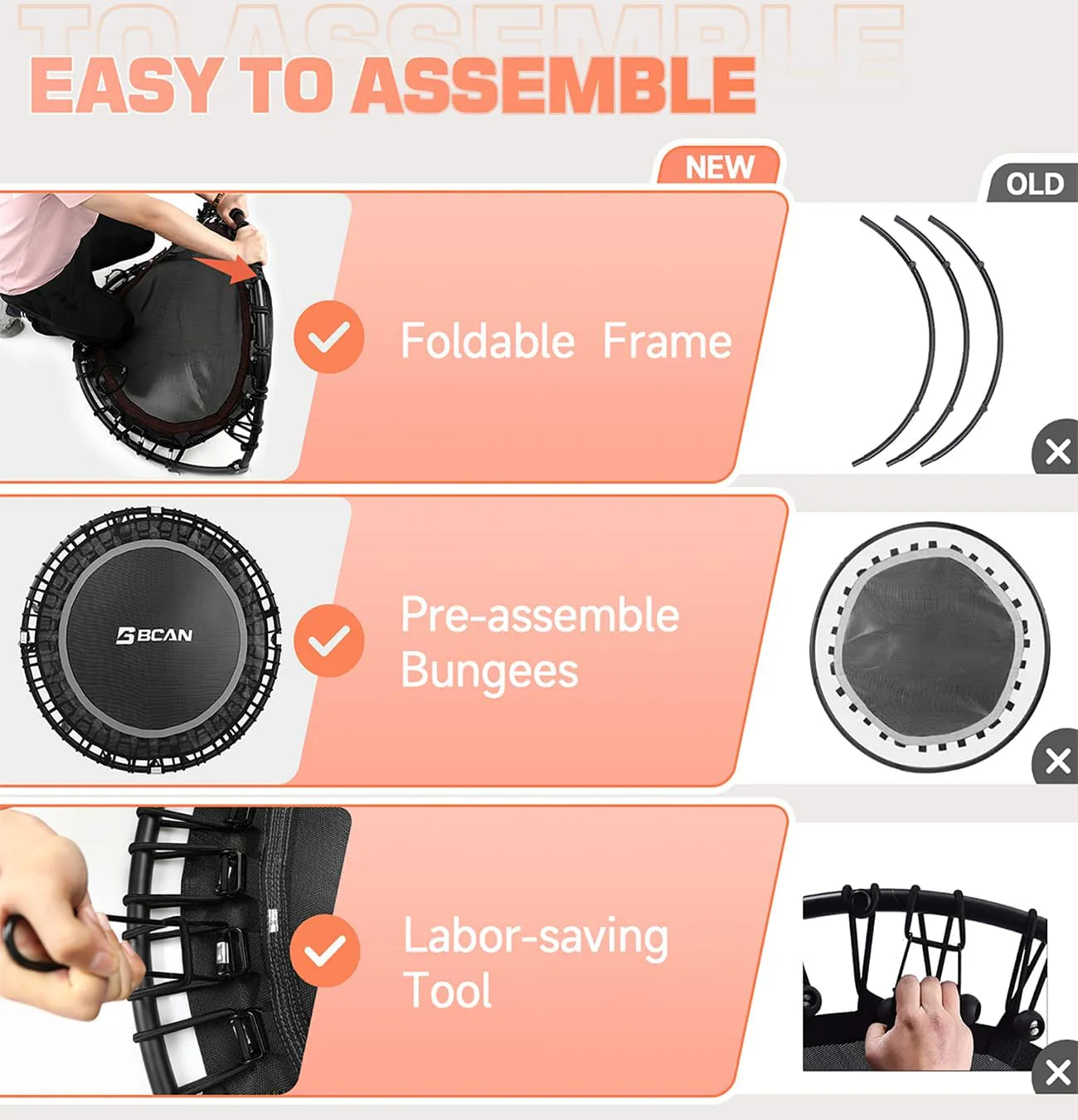 BCAN 450/550 LBS Foldable Mini Trampoline, 40/48 Fitness Trampoline with Bungees, U Shape Adjustable Foam Handle, Stable & Quiet Exercise Rebounder for Adults Indoor/Outdoor Workout