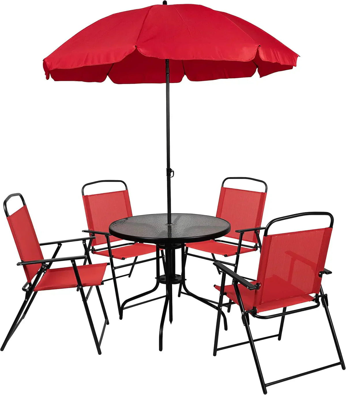 EMMA + OLIVER 6 Piece Brown Patio Garden Set with Umbrella Table Set of 4 Folding Chairs