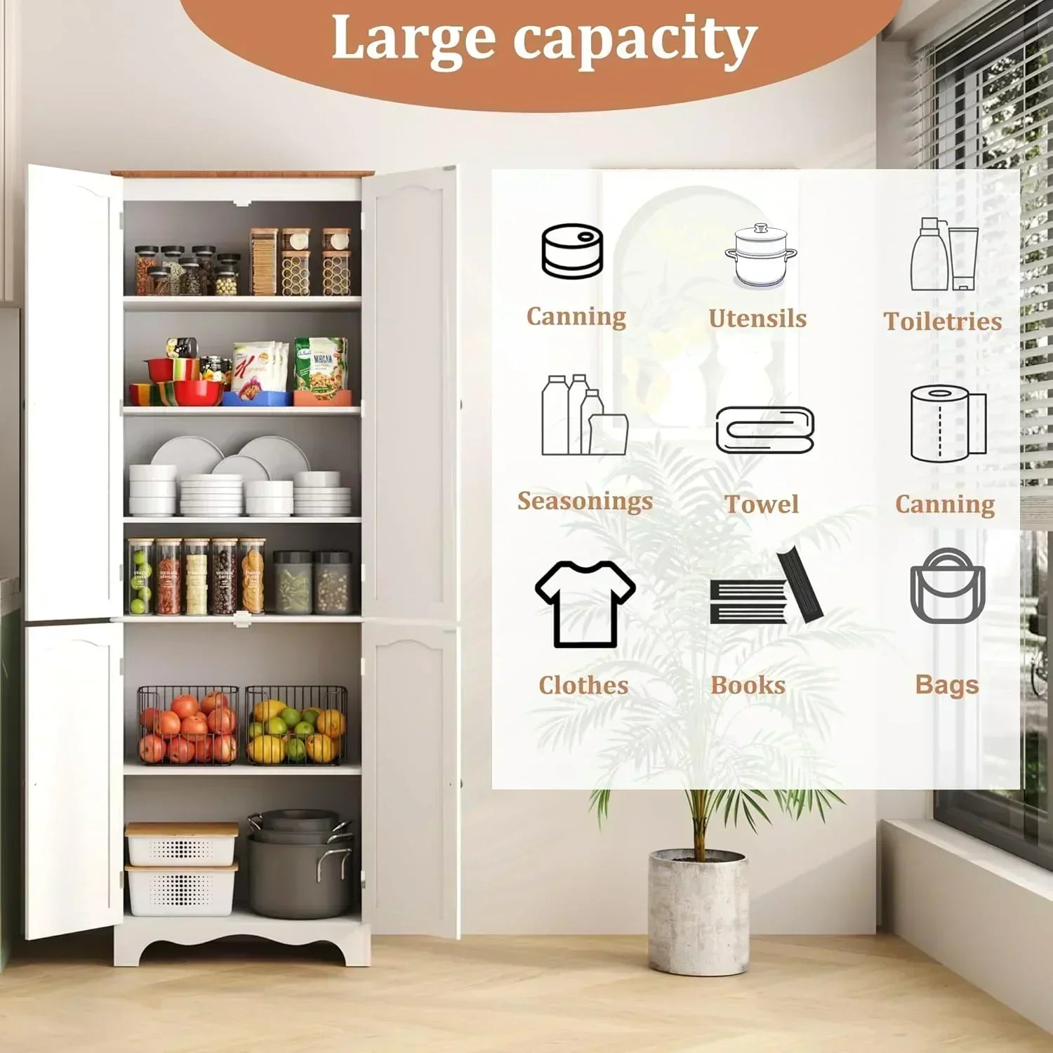 Tall Pantry Cabinet Freestanding Storage Cabinet Wooden Kitchen Pantry with 4 Doors