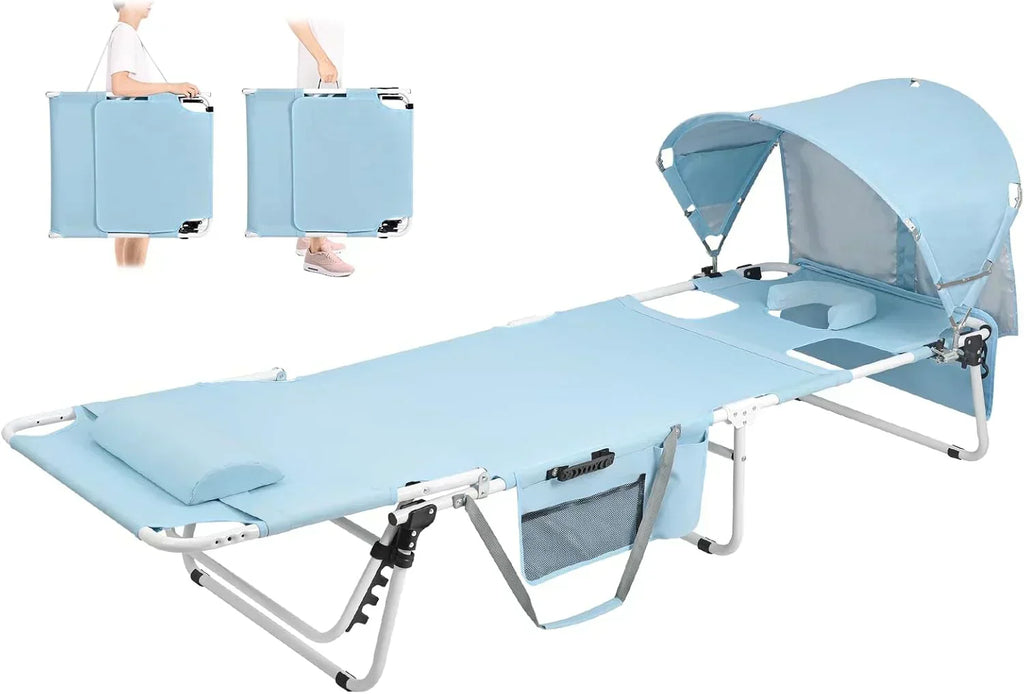 Tanning Chair with Sun Canopy Face Hole Folding Chaise Lounge Chair 5 Position Reclining