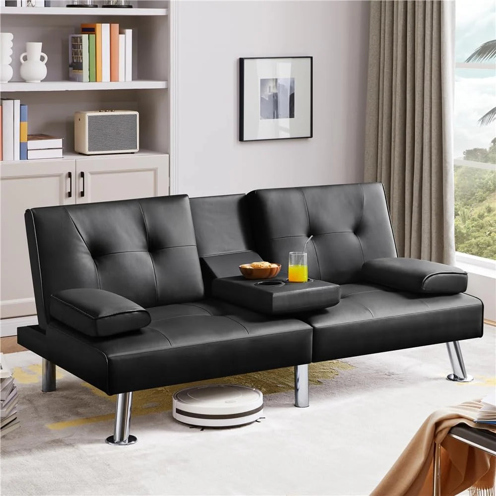 Yaheetech Convertible Sofa Bed Adjustable Couch Sleeper Modern Faux Leather Home Recliner Reversible Loveseat Folding Daybed Guest Bed, Removable Armrests, Cup Holders, 3 Angles, 772lb Capacity, Brown