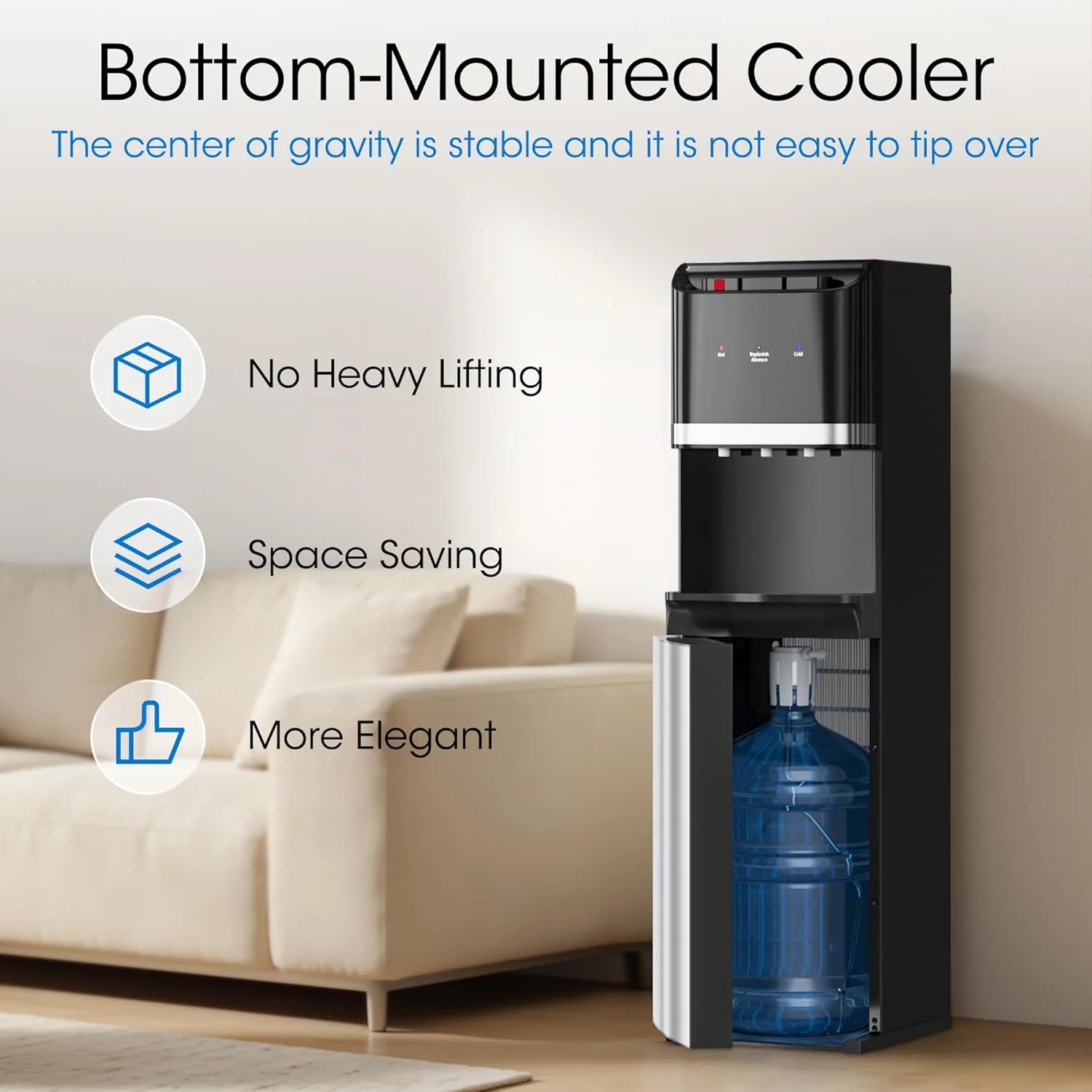 Bottom-loading water dispenser, 5-gallon water bottle, three temperature settings - hot water
