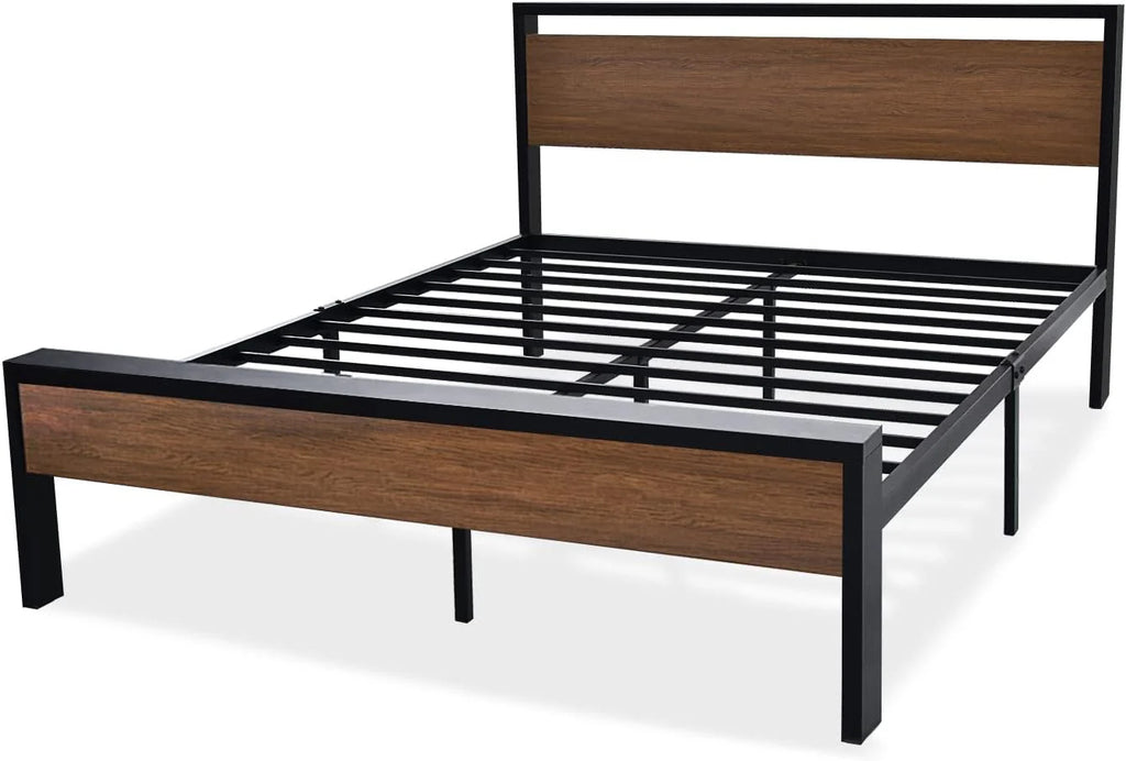 SHA CERLIN 14 Inch Full Size Metal Platform Bed Frame with Wooden Headboard and Footboard