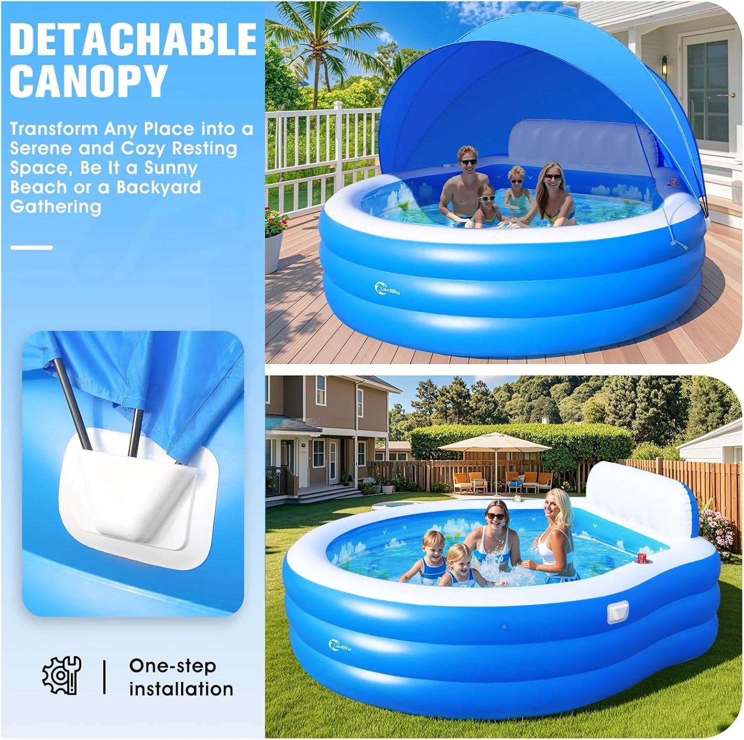 2025 Upgraded Inflatable Pool with Canopy, Inflatable Family Lounge Pool, Round Blow Up Pool for Adult with Bench & Backrest, Swim Center Easy Backyard Pools for Kids & Adults, 92x92x26, Blue