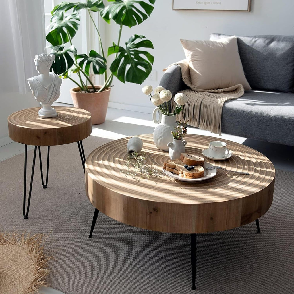 Two-Piece Modern Farmhouse Living Room Coffee Table Set Round Nesting Tables