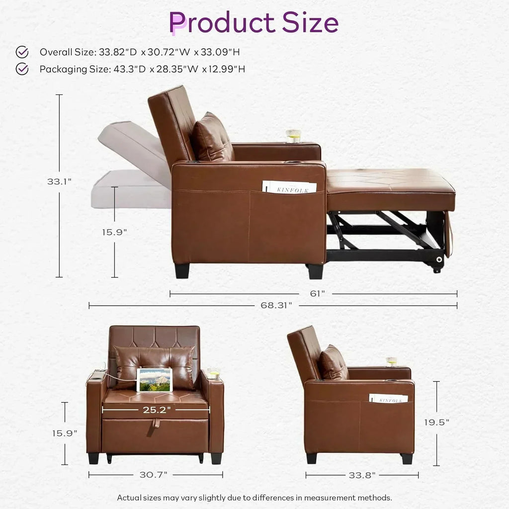 Adult Convertible Sleeper Chair Bed 3-in-1 Pull-Out Sofa Bed with USB/Type-C Ports Cup Holders