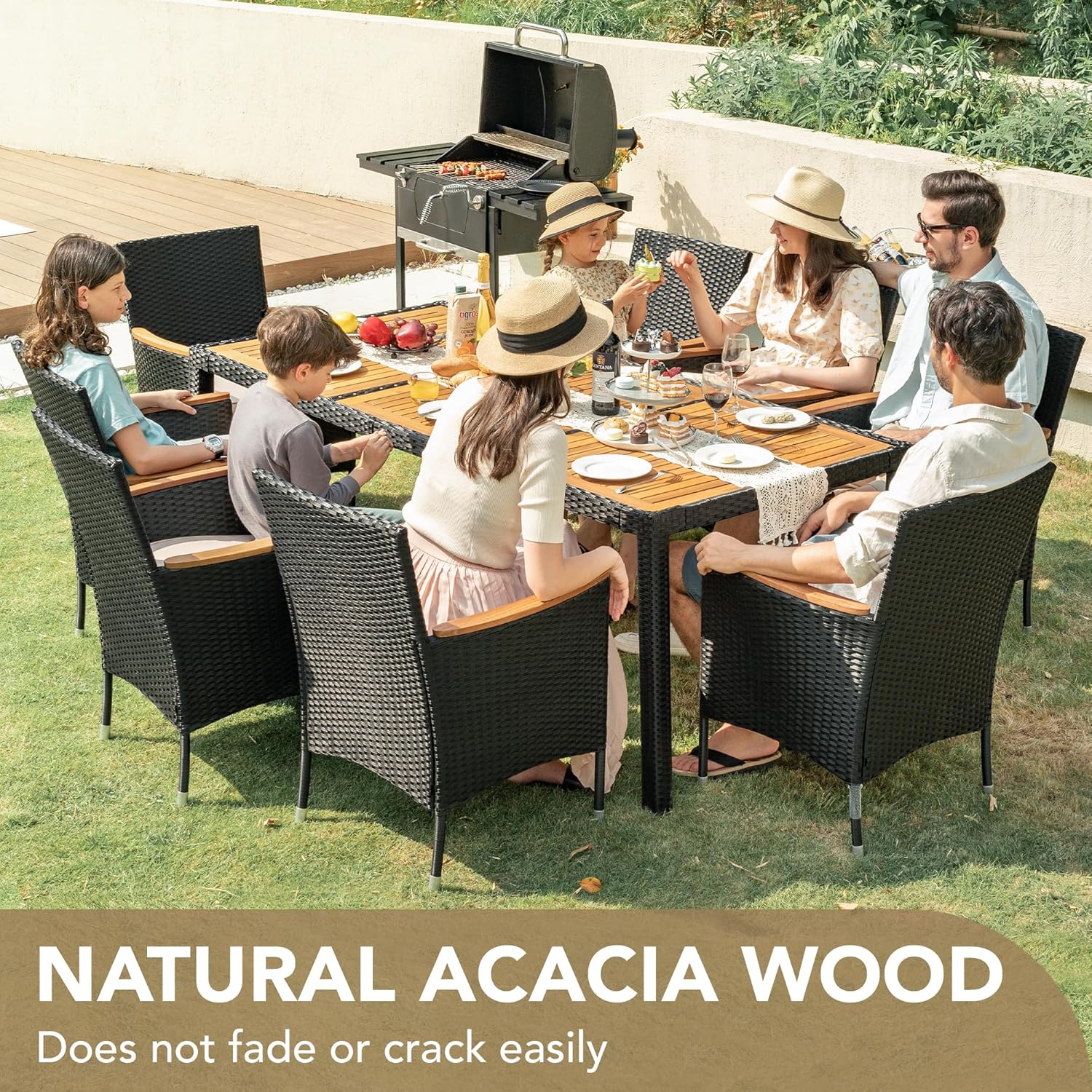 Devoko Dining 7 PCS Furniture Patio Conversation Set with Acacia Wood Table Top Rattan Outdoor