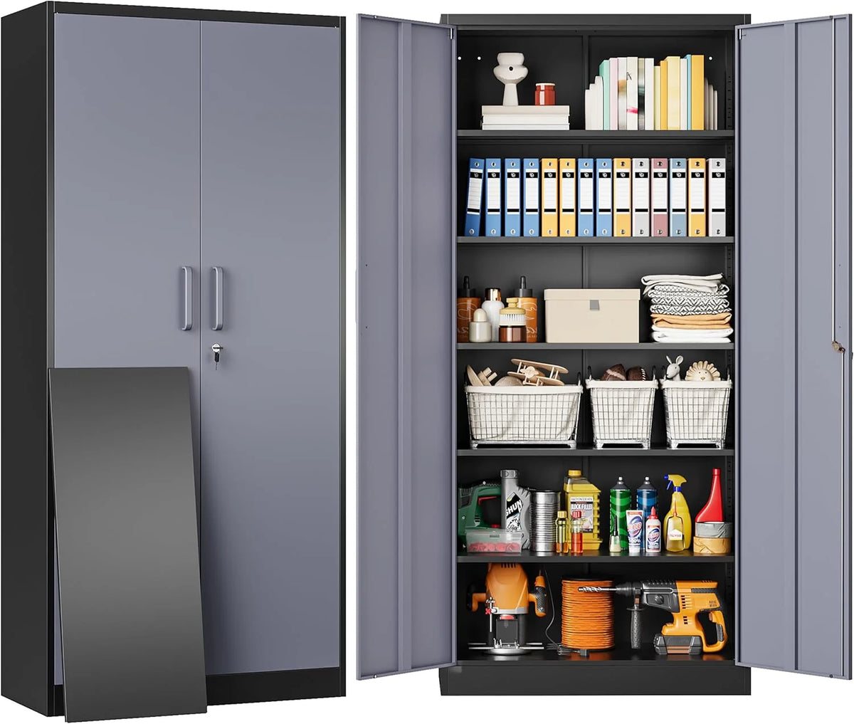 Metal Storage Cabinet with 2 Doors and 6 Shelves,Black Metal Cabinet with Lock,71 Lockable Garage Storage Cabinets,Locking File Cabinet,Steel Tool Cabinets for Home,Office,Garage,Shop,School
