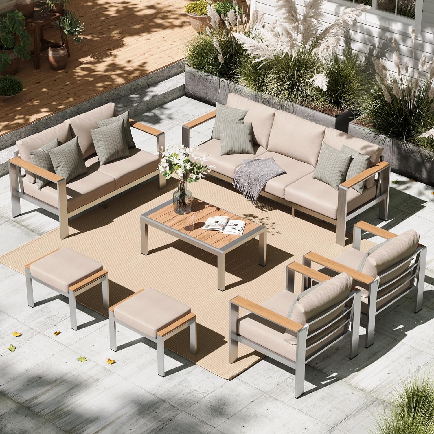 Aluminum Outdoor Patio Furniture Set with Coffee Table, 5 Piece Patio Conversation Sets, Outdoor Sectional Furniture for Porch, Balcony, Yard, Gray