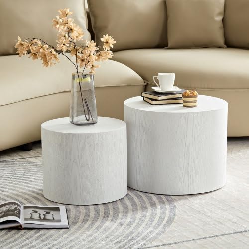 Nesting Coffee Table Set of 2, Modern Round Coffee Table with Non-Slip Feet, Walnut Wooden Circle Accent Tables for Small Spaces Living Room Bedroom Balcony Office Drum Side Table (Walnut)