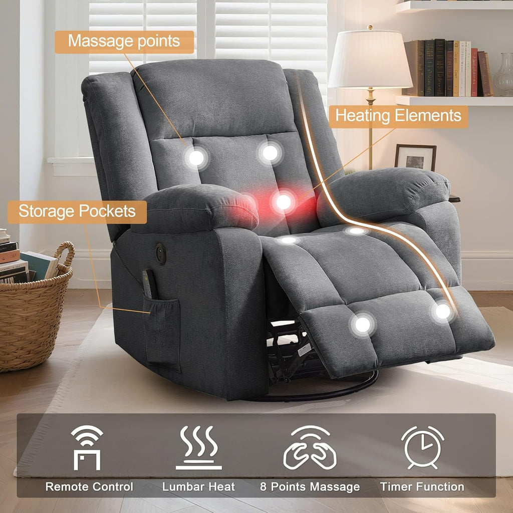 Rocker Recliner, Glider Recliner Chairs for Adults, 360�� Swivel Rocking Chair with Massage and Heating, Nursery Chair