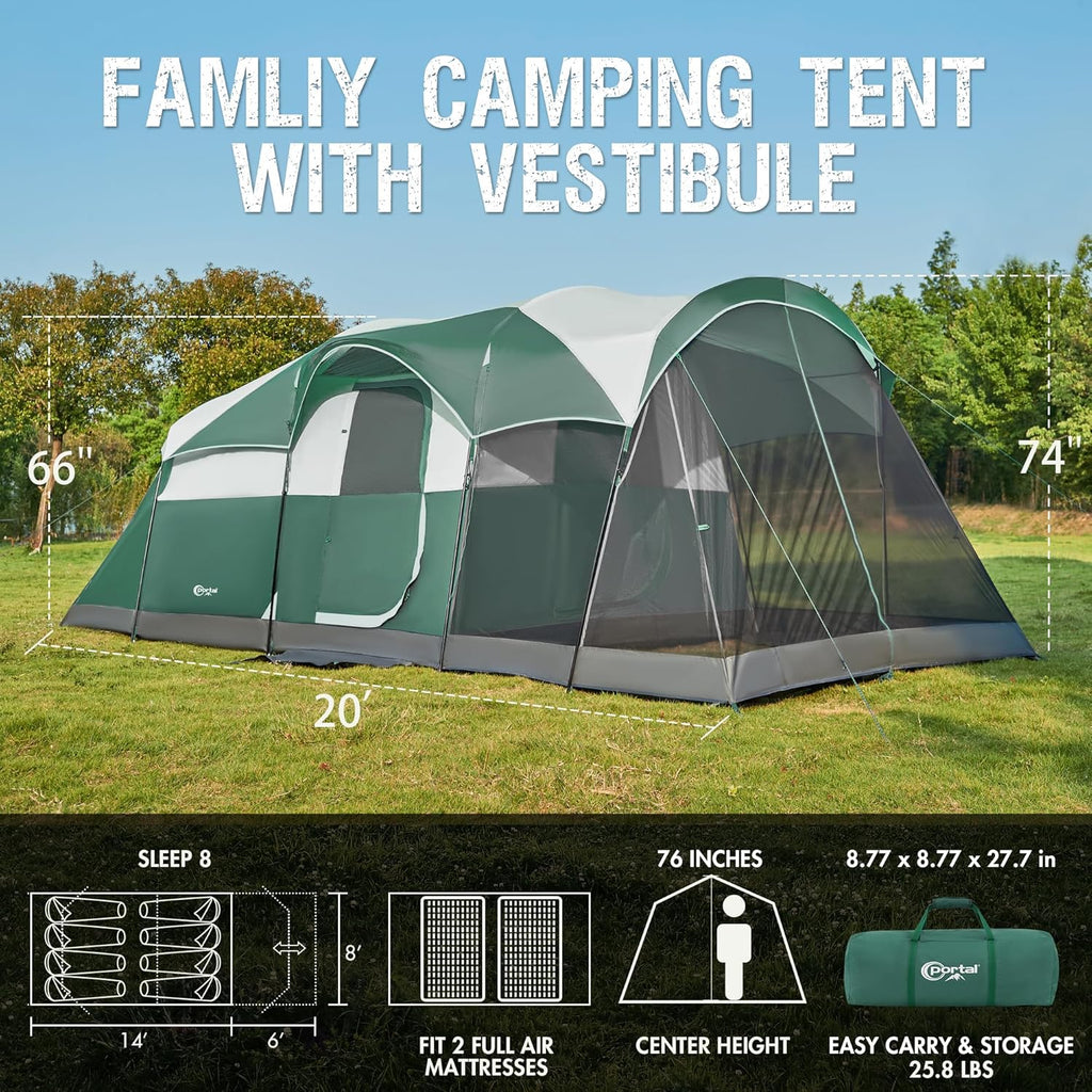 PORTAL 6/8/10 Person Family Camping Tent with Screen Room Water Resistant Big Tunnel Tent