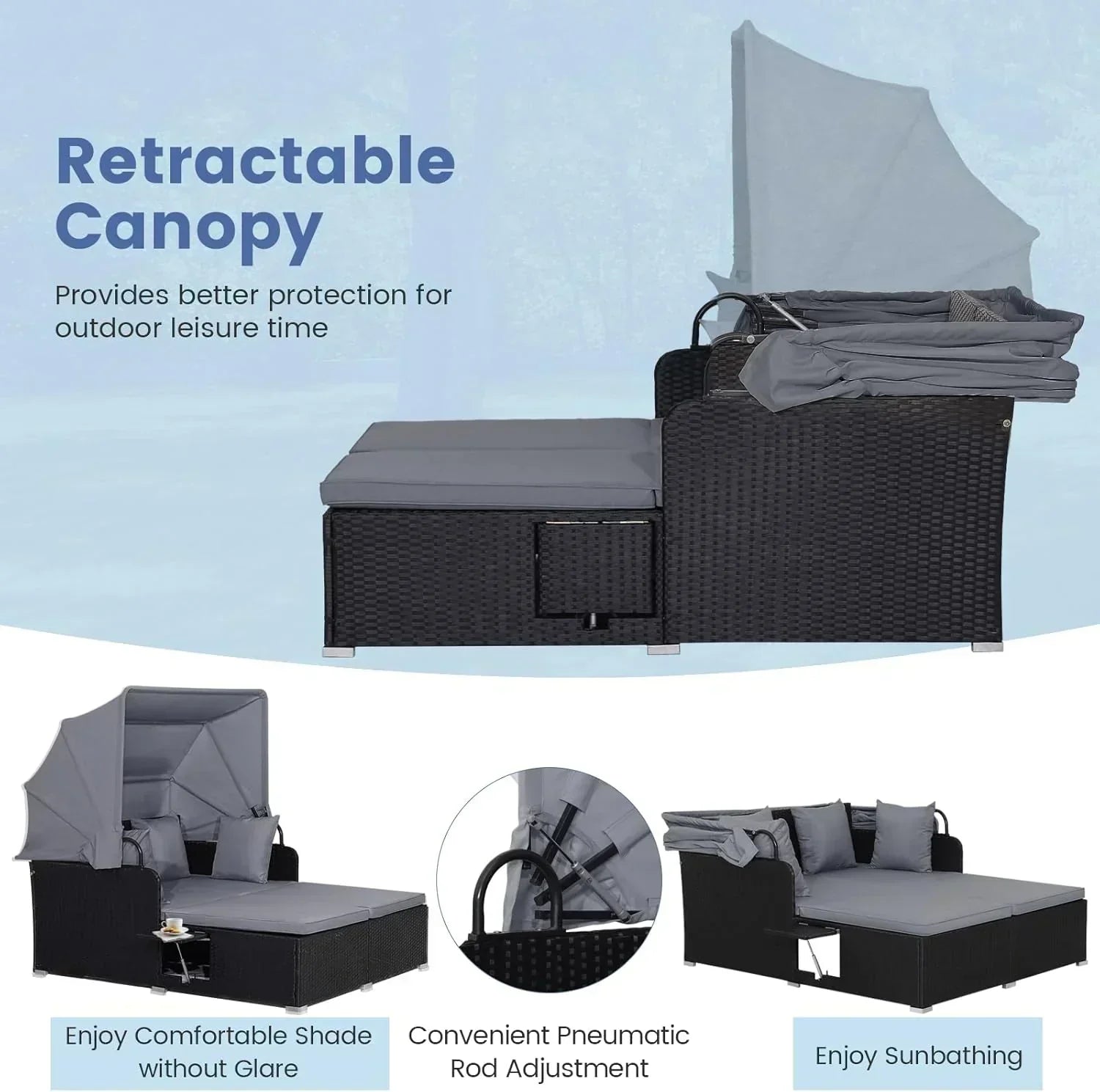 RELAX4LIFE Patio Outdoor Daybed with Canopy Wicker Sunbed Cushions 4 Pillows